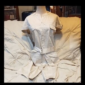 Cream Short-Sleeve Button Front Belted Shirt Dress